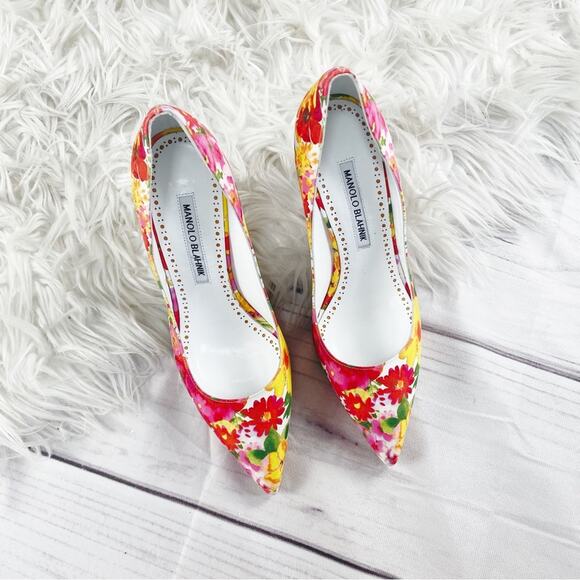 🆕 Manolo Blahnik Women's Bb Yellow Floral Print Pointed Toe‎ Pumps Size 36.5 - Picture 2 of 8